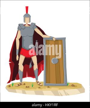 Vettore digitale tall legionario romano con armatura, spada e uno scudo, isolato su bianco, cartoon stile piatto Illustrazione Vettoriale