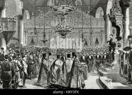 Ferdinando I di Bulgaria (1861-1948). Lo Zar di Bulgaria. Celebrazione del Te Deum nella cattedrale di Veliko Tarnovo. L'incisione nell'illustrazione, 1887. Foto Stock