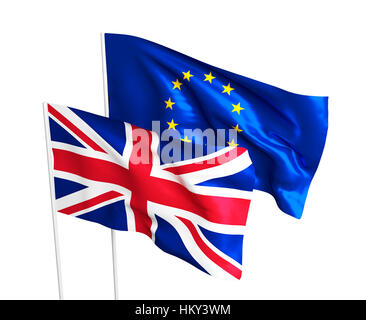 Bandiere del Regno Unito e dell'Unione europea. brexit referendum. british lascia UE. bandiera isolata su uno sfondo bianco. Foto Stock