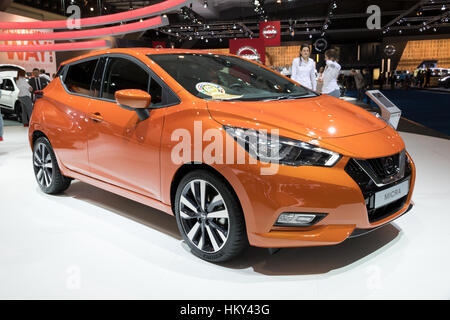 Bruxelles - Jan 19, 2017: Nuova 2017 Nissan Micra ha presentato al Motor Show di Bruxelles. Foto Stock