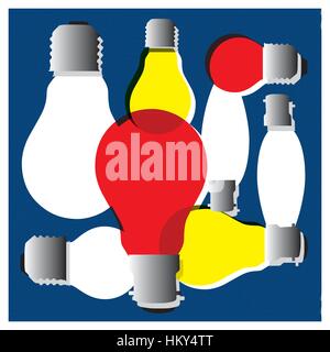 Illustrazione di una collezione di vecchio stile di lampadine, in rosso, giallo e perla. In candela, la pallina da golf e forme normali con ES, BC e cappucci SBC. Illustrazione Vettoriale