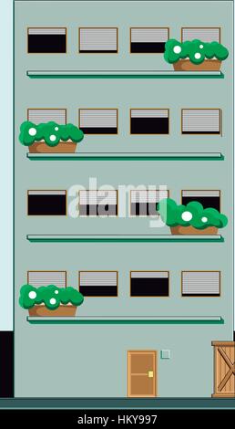 Un edificio di 4 piani con boccole sulla parte anteriore. Illustrazione Vettoriale