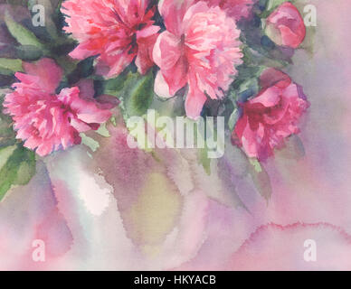 Bouquet di peonie rosa acquerello Foto Stock