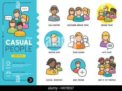 Persone casual. I profili delle attività quotidiane di uomini e donne in vari ruoli di lavoro in abiti di tutti i giorni. Illustrazione Vettoriale icone di linea. Illustrazione Vettoriale