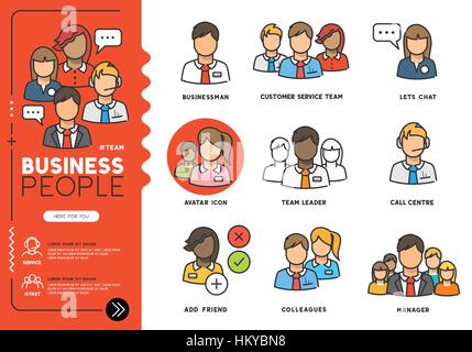 La gente di affari. Profili di ogni giorno uomini e donne professionisti in vari ruoli di lavoro in smart vestiti. Illustrazione Vettoriale icone di linea. Illustrazione Vettoriale