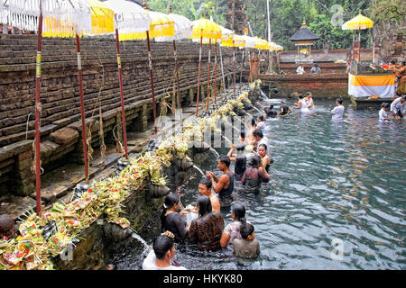 TAMPAK SIRING, Bali, Indonesia - 30 ottobre: persone in preghiera al santo acqua sorgiva tempio Puru Tirtha Empul durante la cerimonia di purificazione su 30 Ottobre Foto Stock