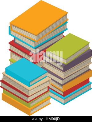 Tre grandi pile di nuovo 3d colorato libri e tutorial su un bookshalf. Isometrica classbooks piana e dei libri di testo e la relativa icona. Istruzione logo symbol. Illustrat Illustrazione Vettoriale