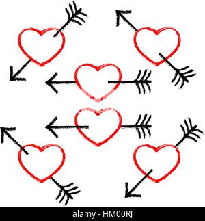 Utilizzare in tutti i vostri progetti. Cuore rosso trafitto da una freccia nera. Simboli popolari creato con texture in fatti a mano tecnica acquarello. Illustra il vettore Illustrazione Vettoriale