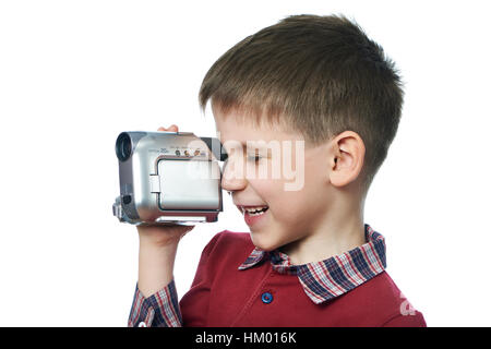 Ragazzino con una telecamera bianco isolato Foto Stock