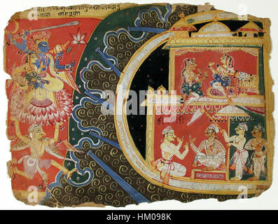 Questo dipinto raffigura la divinità indù Krishna che attacca la cittadella di Naraka, un'importante scena mitologica. L'opera d'arte è ospitata nel Museo d'arte di San Diego e mostra le ricche tradizioni narrative dell'arte indiana. Foto Stock