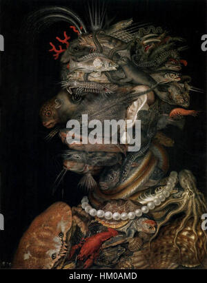 "Acqua" di Giuseppe Arcimboldo fa parte della sua serie che rappresenta i quattro elementi attraverso volti umani fatti di oggetti. Questo dipinto combina creativamente elementi acquatici, enfatizzando il suo approccio artistico unico. Foto Stock