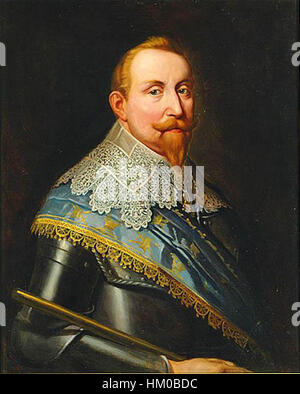 Questo ritratto storico di Gustavo II Adolfo, re di Svezia, cattura la sua somiglianza come capo militare e monarca. Conosciuto per il suo ruolo nella Guerra dei trent'anni, la sua immagine è sinonimo di storia militare svedese. Foto Stock