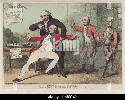 «Honi soit qui mal y pense» di James Gillray è una stampa satirica del XVIII secolo, che si diverte con l’élite britannica. L'opera critica l'aristocrazia con arguzia e caricatura acuta, caratteristica dello stile di Gillray. Foto Stock