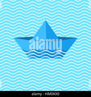 Vettore blu carta origami in barca nelle onde del mare Illustrazione Vettoriale