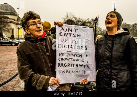 Cardiff, Regno Unito. Il 30 gennaio, 2017. I manifestanti al di fuori del Municipio di Cardiff come Primo Ministro Theresa Maggio presiede una riunione del JMC. Il primo ministro Theresa Maggio si è incontrato con il Primo Ministro del Galles Carwyn Jones e Nicola Storione sul tema della Brexit. Credito: Jim legno/Alamy Live News Foto Stock