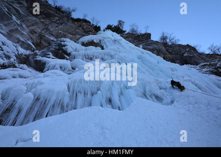 Sarajevo, Bosnia ed Erzegovina. 30 gen, 2017. Un alpinista arrampicate sulle cascate ghiacciate Skakavac, nei pressi di Sarajevo, Bosnia ed Erzegovina, Gennaio 30, 2017. Credito: Haris Memija/Xinhua/Alamy Live News Foto Stock