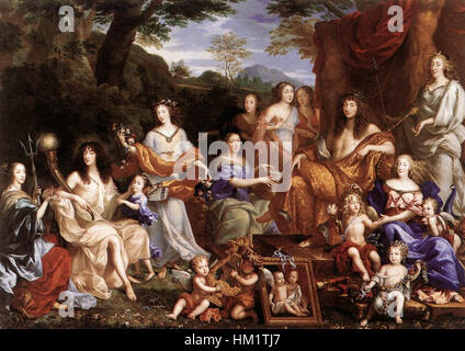 *La famiglia di Luigi XIV* di Jean Nocret ritrae la famiglia reale francese, con Re Luigi XIV circondato dai suoi familiari. Il dipinto riflette la grandezza e l'autorità della monarchia francese durante il XVII secolo. Foto Stock