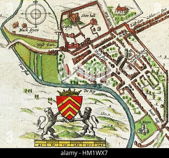 La mappa di Cardiff di John Speed del 1610, una delle prime raffigurazioni conosciute della città gallese, illustra la struttura della città, i punti di riferimento principali e l'area circostante. Questa mappa fornisce un riferimento storico essenziale per lo sviluppo di Cardiff all'inizio del XVII secolo. Foto Stock