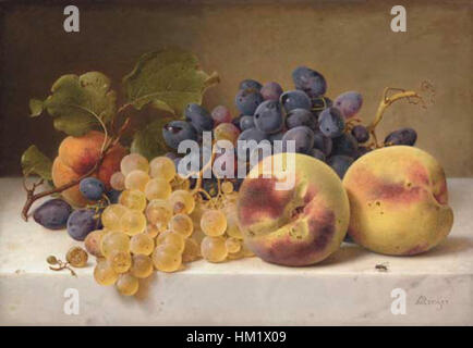 La natura morta di Johann Wilhelm Preyer, "Una natura morta con pesche e uva su un bordo di marmo", esemplifica la sua maestria nel rendere texture e colori naturali. Il dipinto cattura la delicata forma di pesche e uva, adagiata su una superficie di marmo per enfatizzare il contrasto dei materiali. Foto Stock