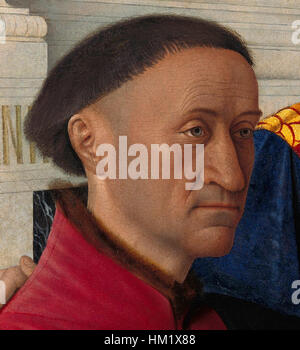 Questo dipinto dettagliato di Jean Fouquet, 'Etienne Chevalier con Santo Stefano', raffigura il banchiere francese Etienne Chevalier con il santo patrono. L'opera è celebrata per i suoi intricati dettagli e la miscela di significato religioso e personale in epoca medievale. Foto Stock