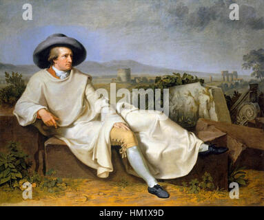 "Goethe nella campagna romana" di Johann Heinrich Wilhelm Tischbein ritrae lo scrittore tedesco Johann Wolfgang von Goethe durante il suo soggiorno in Italia. Il dipinto cattura il vasto paesaggio della campagna romana, riflettendo il profondo legame di Goethe con il mondo naturale e le antichità classiche che hanno ispirato i suoi scritti. Foto Stock