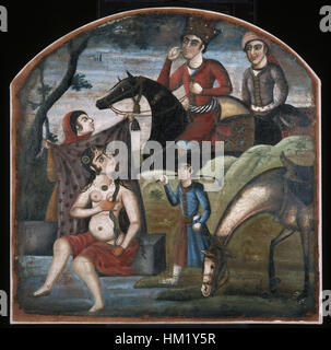 Questo dipinto fa parte di una serie che raffigura scene di poesia persiana. “Khusraw scopre Shirin che fa il bagno” illustra la storia romantica e tragica dell’epica persiana. Il pezzo è noto per la sua composizione dinamica e l'intensità emotiva. Foto Stock