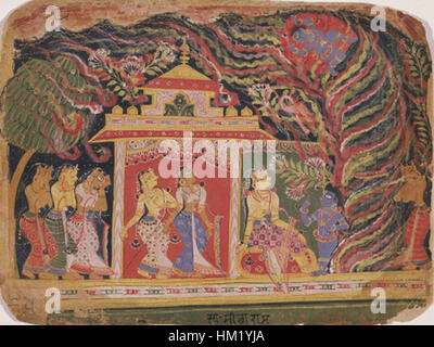 Questa opera raffigura la mitologia indù della vittoria di Krishna sul demone Trinavarta. La scena illustra Krishna che usa il suo potere divino per sconfiggere Trinavarta, simboleggiando il trionfo del bene sul male. Questo dipinto riflette la vibrante tradizione narrativa dell'arte indiana, piena di colori vivaci e ricchi simbolismi associati alla mitologia indù. Foto Stock