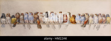 Il dipinto di Hector Giacomelli "A Perch of Birds" illustra vari uccelli arroccati insieme su un ramo. Il pezzo mette in evidenza l'abilità di Giacomelli nel catturare le delicate caratteristiche degli uccelli e il loro ambiente naturale. Foto Stock