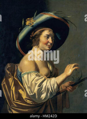 Il dipinto di Jan van Bijlert "A Shepherdess" ritrae una scena rurale con una giovane pastorella, esemplificando l'attenzione dell'artista per i dettagli e la sua capacità di trasmettere la vita pastorale nel XVII secolo. Foto Stock