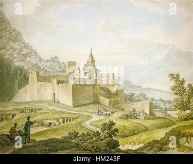 Questo dipinto di Michail Matveevich Ivanov raffigura una fortezza-monastero in Georgia, che mostra la bellezza architettonica e naturale della regione. L'opera riflette il significato storico dei monasteri nella cultura georgiana e il loro ruolo nella conservazione delle tradizioni religiose. Foto Stock