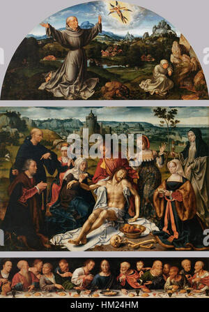La "Pala del Lamentazione" di Joos van Cleve ritrae il momento emotivo del lamento di Cristo, un toccante capolavoro di arte religiosa che raffigura temi biblici in vividi dettagli. Foto Stock