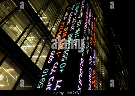 Display del mercato azionario quotazioni delle israeliane e le compagnie internazionali al di fuori del nuovo edificio dello Stock Exchange di Tel Aviv, Israele Foto Stock