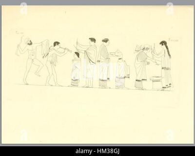 Una pagina dell'edizione 1835 di "Pitture di vasi fittili", che presenta antichi disegni di ceramica di Inghirami. L'opera d'arte presenta rappresentazioni dettagliate di vasi in terracotta, enfatizzando i loro disegni classici e il significato storico. Foto Stock