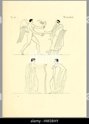 Questa opera d'arte di "Pitture di vasi Fittili", volume 3, di Inghirami, datata 1835, raffigura antiche ceramiche dipinte in tradizionale stile italiano. L'opera riflette l'interesse classico per l'arte antica e lo studio della ceramica romana. Foto Stock