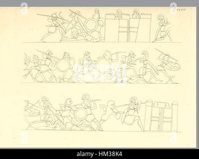 Un'incisione dell'opera "Pitture di vasi fittili" di Inghirami, raffigurante antichi vasi in ceramica dipinta. Il volume del 1837 esplora il significato artistico e culturale di questi antichi manufatti, evidenziando il loro ruolo nella comprensione delle civiltà antiche. Foto Stock
