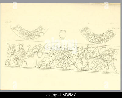 Questa opera d'arte tratta dal volume del 1837 di Inghirami, "Pitture di vasi fittili", espone vasi in terracotta dipinta, offrendo uno sguardo sulle antiche arti decorative e ceramiche. I disegni intricati rappresentano l'interesse europeo del XIX secolo per le antichità classiche. Foto Stock