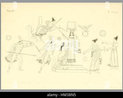 Questa opera d'arte di "Pitture di vasi fittili Vol4 T350" di Inghirami presenta dettagliate raffigurazioni di antichi vasi in terracotta, mostrando i loro disegni ornamentali e il significato storico dell'arte classica. Foto Stock