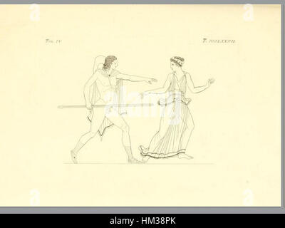 Questo dipinto del 1837 della collezione "Pitture di vasi fittili" di Inghirami espone antiche ceramiche, enfatizzando il design e l'arte classici. Fa parte dell'esame storico della ceramica attraverso l'arte. Foto Stock