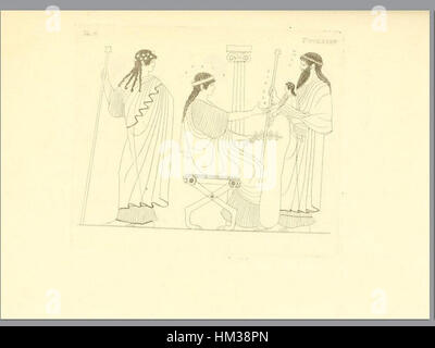 Questa opera d'arte del volume del 1837 *Pitture di vasi fittili* di Inghirami presenta raffigurazioni dipinte di ceramica antica greca e romana. Le illustrazioni dettagliate servono come studio accademico degli stili artistici e dell'iconografia trovati su storici vasi in ceramica, fornendo informazioni sull'antichità classica e sulle antiche tradizioni artistiche. Foto Stock