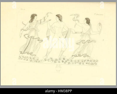 Questa opera, intitolata "Pitture di vasi fittili", è tratta dal volume di Inghirami del 1837 incentrato sui vasi in terracotta dipinti. L'opera d'arte mostra raffigurazioni dettagliate di antiche ceramiche romane, che riflettono le tecniche artistiche dell'epoca. Foto Stock