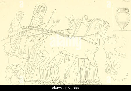 Questa incisione da *Pitture di vasi fittili* (1835), un volume su antiche ceramiche, presenta un'immagine dettagliata di ceramiche dipinte. L'opera d'arte illustra gli stili decorativi e il significato culturale degli antichi vasi in ceramica. Foto Stock