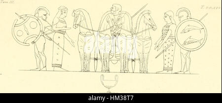 Questa opera d'arte tratta dal volume del 1835 della "Pitture di vasi fittili" di Inghirami illustra antiche ceramiche e ceramiche. Il pezzo mette in risalto l'artigianato e l'arte dei disegni storici di ceramica dell'antichità classica. Foto Stock