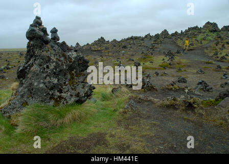 Laufskalar Cairn (Laufskalavaroa), Myrdalssandur pianura, Islanda. Foto Stock
