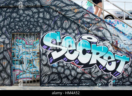 Bondi Beach Sea Wall, coperte di sancita la street art e graffiti di Sydney, Nuovo Galles del Sud Australia Foto Stock