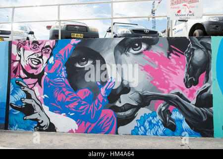 Bondi Beach Sea Wall, coperte di sancita la street art e graffiti di Sydney, Nuovo Galles del Sud Australia Foto Stock