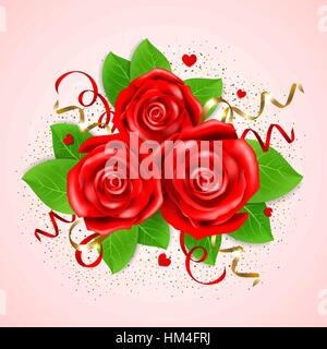 Decorative bouquet di rose rosse e foglie verdi su sfondo rosa wi Illustrazione Vettoriale