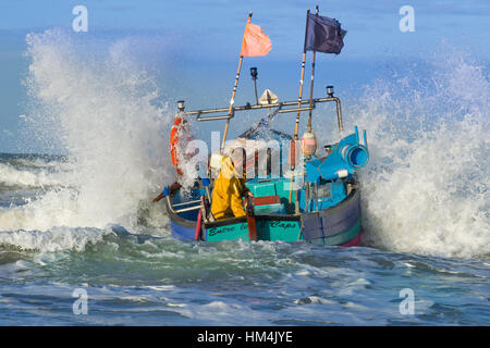 La pesca a bordo di una barca tradizionale chiamato 'Flobart' Audresselles off (Francia settentrionale) sulla Côte d'Opale coast Foto Stock