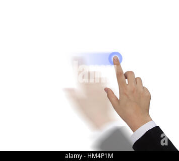 Mano, premendo un pulsante con il dito indice esteso, isolato su uno sfondo bianco. Foto Stock