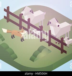Pecore e una volpe vicino al recinto di stile isometrica - Illustrazione Vettoriale Illustrazione Vettoriale