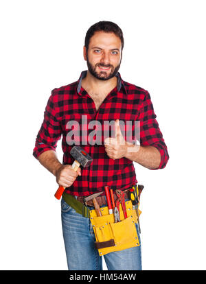 Lavoratore con plaid shirt con pollice in alto su sfondo bianco Foto Stock